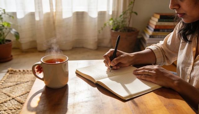 Cozy sunlit journaling with steaming tea, woman writing at wooden desk for mindful mornings