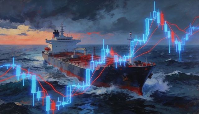 Tanker ship navigating turbulent ocean at dusk with neon candlestick market overlay