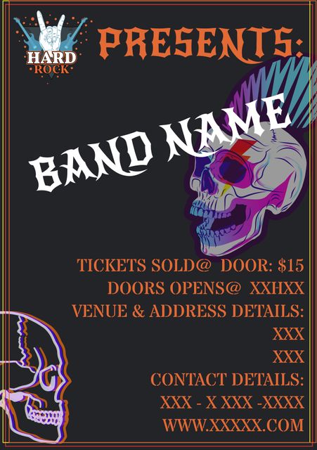 This poster showcasing a vibrant skull illustration is perfect for promoting a hard rock concert. It specifies ticket price, venue, and contact information, making it ideal for music events and rock band gigs. Use this visually striking design for social media promotions, website banners, or printed posters to attract hard rock enthusiasts.