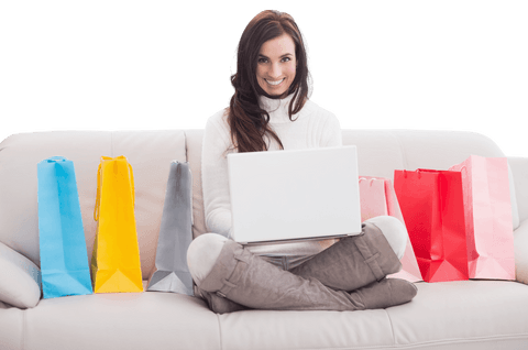 Happy Woman Shopping Online with Laptop Sitting on Couch Transparent Background - Download Free Stock Videos Pikwizard.com