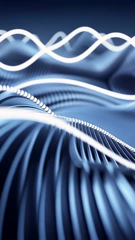 Pulsing Helix Waves Driving Rippling Blue Ridged Surface Futuristic 3D Vertical Video