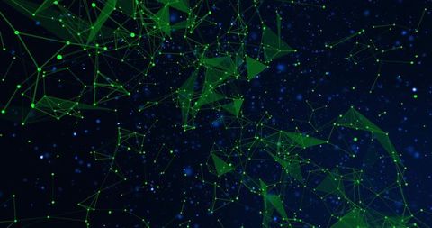 Neon Green Network Mesh in Deep Space with Triangular Wireframe and Luminous Glow