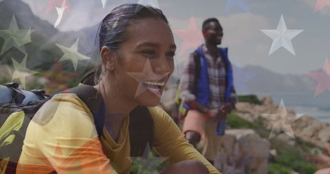 Patriotic Couple Enjoying Mountain Hike Adventure