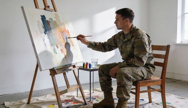 Soldier painting abstract canvas in sunlit studio wearing camouflage uniform