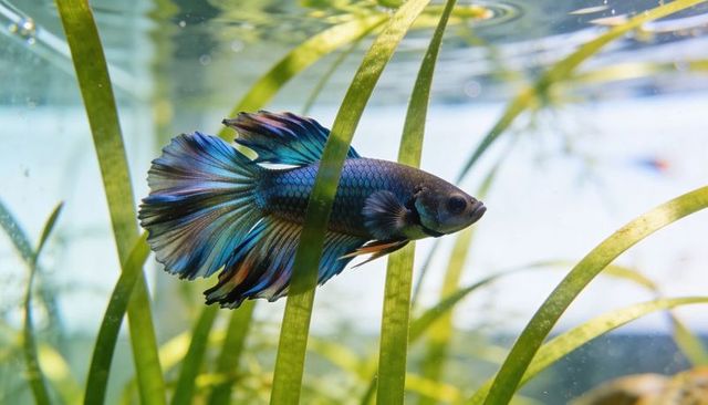 Iridescent teal betta splendens swimming through ribbon plants in planted aquarium closeup