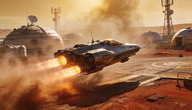 Futuristic spacecraft hovering above Mars outpost with fiery thrusters and domed habitats