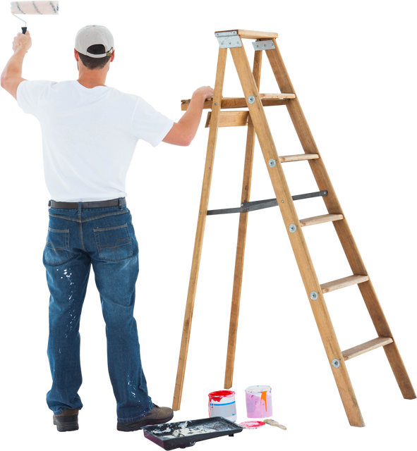 Man Painting Home Interior with Ladder and Paint Cans Composition - Transparent Background - Download Free Stock Videos Pikwizard.com