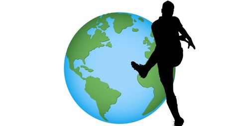 Rugby Player Silhouette Kicking Globe Representing Global Impact