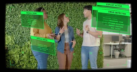 Coworkers discussing cybersecurity alerts against living wall with neon hud overlays