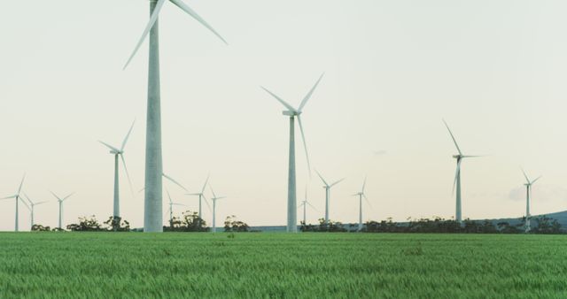This image can be used to illustrate concepts related to renewable energy, sustainability, and eco-friendly practices. It is suitable for articles, presentations, websites, and marketing materials focused on green energy initiatives. The serene landscape and the modern wind turbines create a visually appealing representation of clean energy technology.