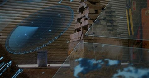 Holographic industrial interface projecting over stacked wood blocks on concrete pedestal