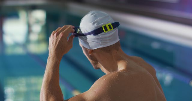 A swimmer is adjusting his goggles while standing by an indoor poolside. The swimmer wears a white swim cap and is preparing for a swimming training session. This image can be used for promoting sports and fitness activities, advertising swimwear or swimming equipment, illustrating articles about swimming techniques, and motivating athletes.