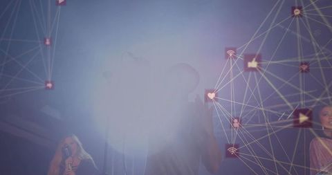 Trio performing under stage haze with social media connectivity overlay and lens flare