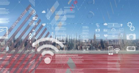 Futuristic smart cityscape with digital interface overlay