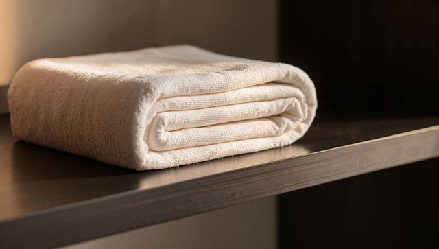 Folded Cream Terry Towel Resting on Wooden Shelf Showing Texture and Warm Spa Lighting