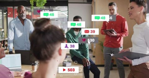 Woman Leading Diverse Team Collaborating in Modern Office with Social Media Overlay Icons