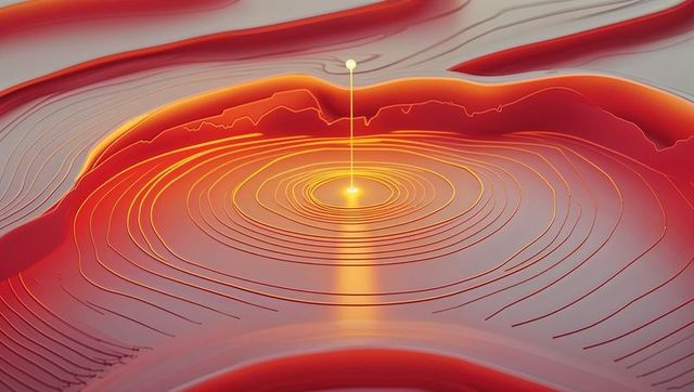 Abstract digital landscape with glowing central sphere and rings