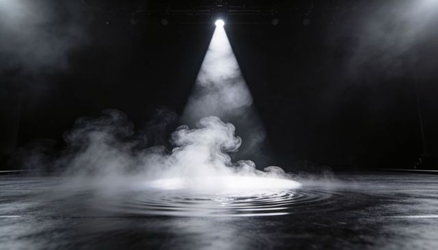 Spotlight piercing fog over wet stage floor with rippling puddle and reflection
