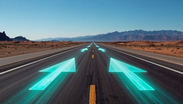 Futuristic teal holographic arrows guiding long desert highway toward mountain horizon
