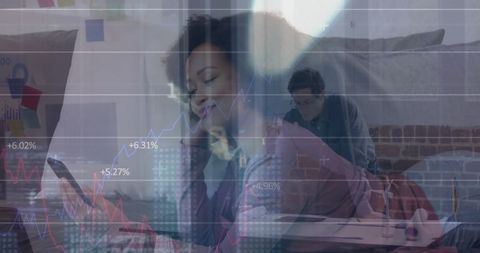 Multiracial team using technology analyzing financial data
