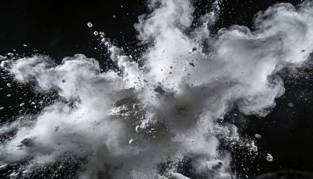 Exploding white powder cloud creating dramatic billowing plumes and airborne particles