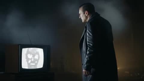 Man in Overcoat Watching Glitching TV with Static Alien Face