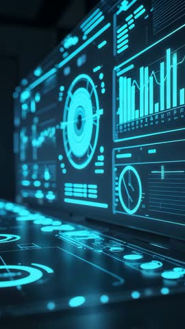 Vertical Futuristic Holographic Dashboard Updating Analytics in Real Time with Rotating Gauge