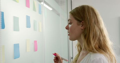Caucasian Businesswoman Brainstorming with Sticky Notes in Office