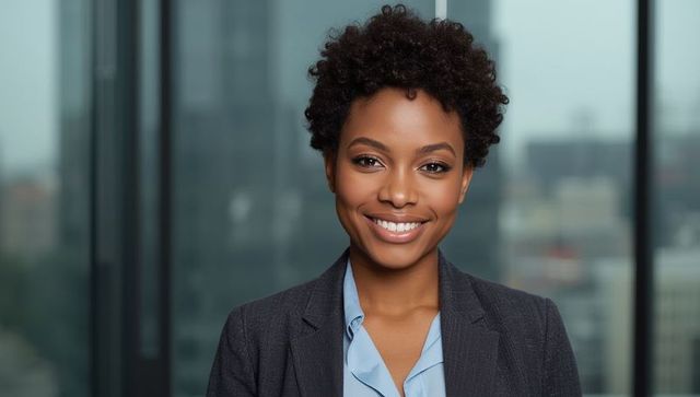 Confident Businesswoman Smiling in Modern Office with Urban Skyline