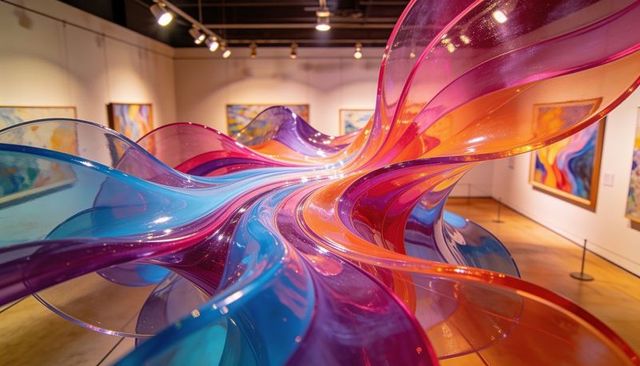 Flowing translucent ribbon sculpture winding through contemporary art gallery