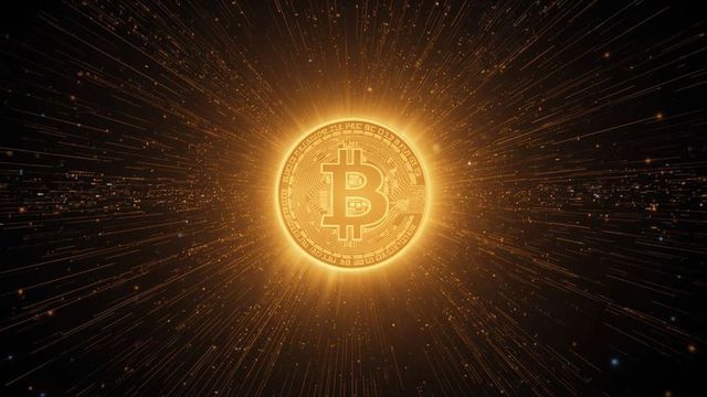 Glowing bitcoin in cosmic digital explosion art