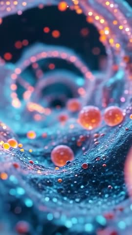 Spiraling vortex carrying glowing orange spheres rolling across textured blue surface — vertical loo