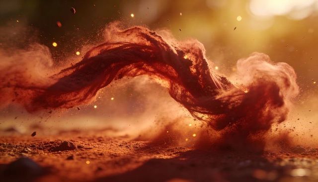 Swirling red dust plume lifting and curling over backlit sandy surface in golden light