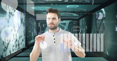 Man Engaging with Futuristic Digital Interface in Tech-Savvy Office