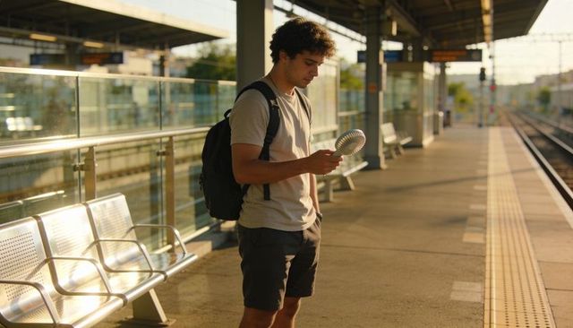 Commuter Checking Portable Fan on Train Platform at Golden Hour