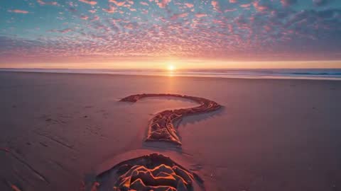 Drone Over Beach Unveiling Question Mark Sand Art at Sunset