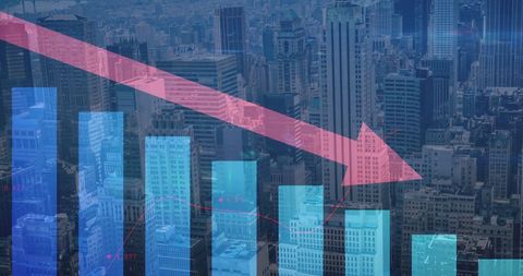 cityscape overlay with declining financial graphs and red arrow - Download Free Stock Images Pikwizard.com