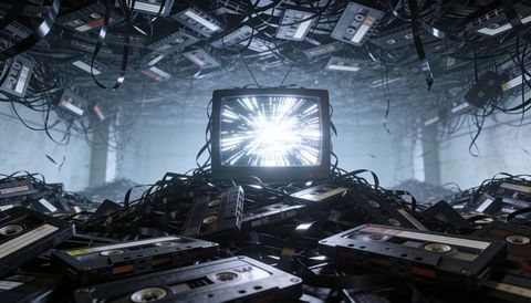 Crt television emitting radial light amid cassette tape pile and tangled ribbons