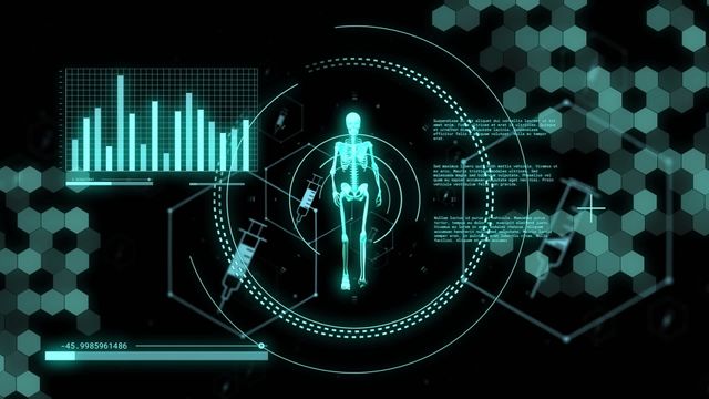 Displays advanced technological visualization of medical data interfacing with a human skeleton. Ideal for illustrating concepts in healthcare innovation, future medical practices, and digital data analysis. Suitable for use in scientific publications, educational content, or high-tech promotional materials focusing on healthcare technologies.