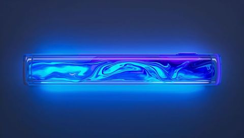 Glowing glass cylinder containing swirling blue-purple liquid with iridescent halo glow