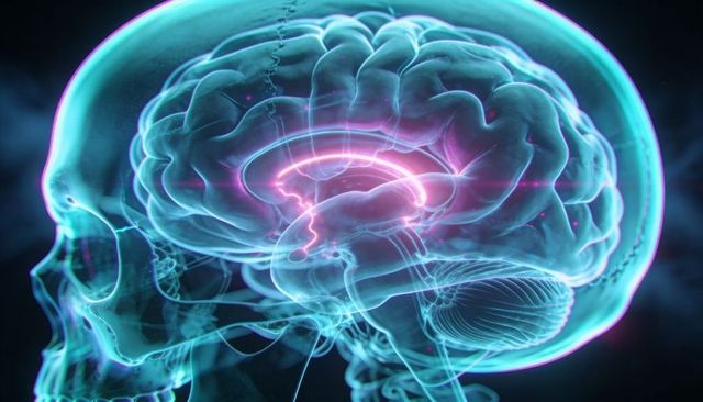 Translucent skull revealing illuminated brain anatomy with highlighted corpus callosum