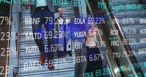 Business Travelers Amid Stock Market Data Overlay