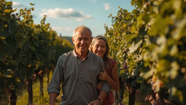 Senior couple embracing in sunlit vineyard at golden hour, grapevines and ripe grapes