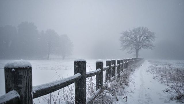 Snow-covered post-and-rail fence leading to solitary leafless tree in foggy winter field