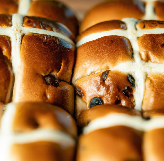 Image shows a close-up of freshly baked hot cross buns with a shiny glaze. Buns have distinctive white cross on top, typical of traditional Easter bread. Useful for bakery advertisements, holiday menu promotions, or food blogs focusing on festive recipes and baking tips.