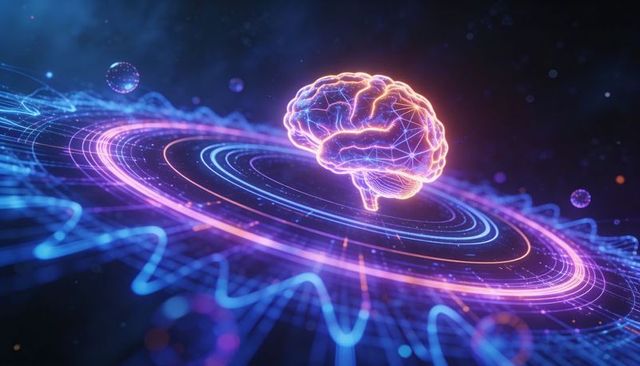 Glowing neon brain hovering above orbital rings with holographic waveform grid