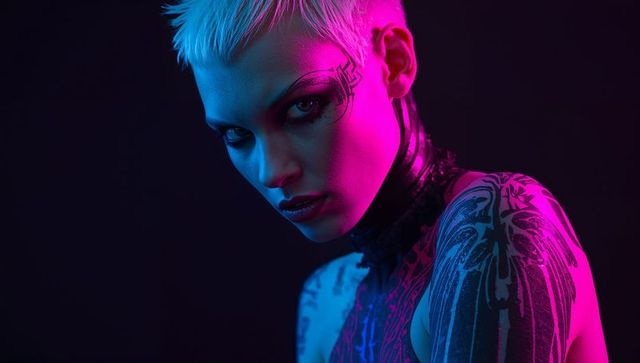 Futuristic neon portrait of model with geometric body paint