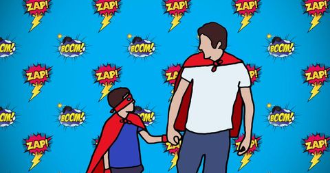 Father and son in superhero costumes on bold comic background