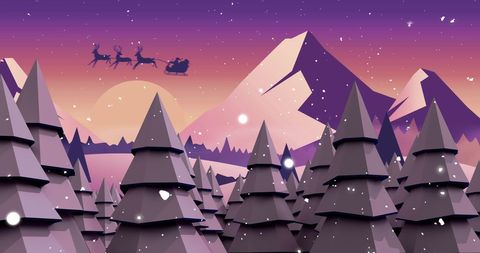 Santa Sleigh at Sunset with Snowy Mountains and Pine Forest