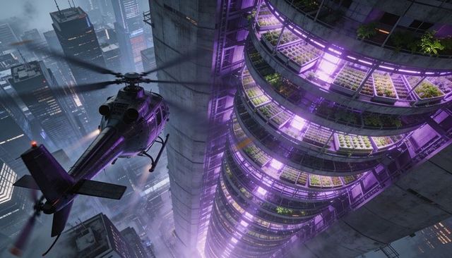 Helicopter hovering beside neon-lit curved vertical farm tower with purple grow lights